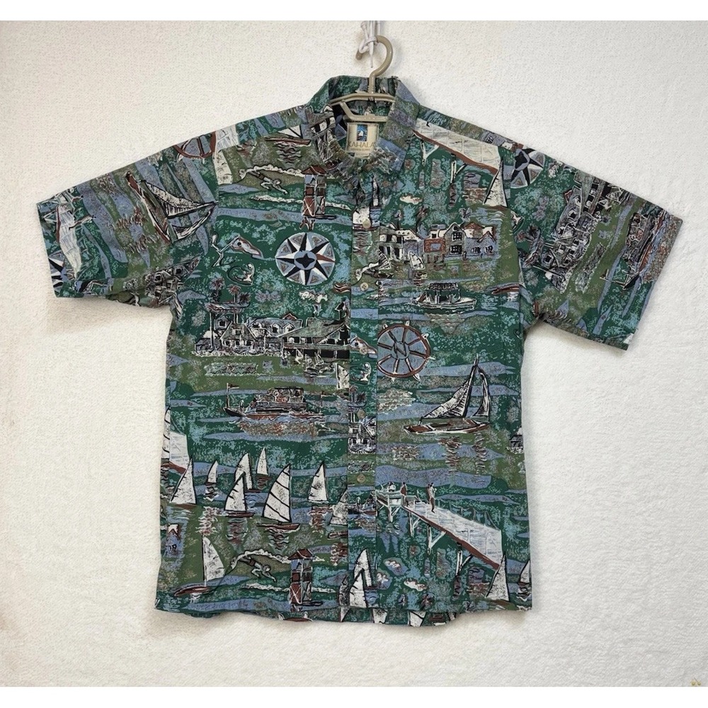Vtg Kahala Hawaiian Islands Aloha Shirt Mens Sz L Sailboats Multi Color